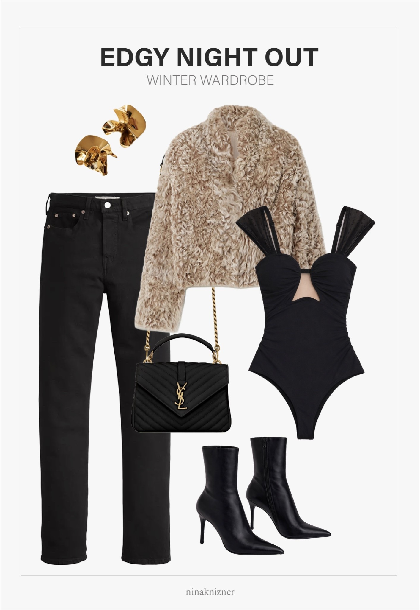 Super cute outfit for a night out in the city. 

This black bodysuit is sooo flattering. During summer I wore it with black Bermuda shorts and heels, but looks sooo cute style with black bottoms and edgy stiletto boots!

- Sterling King Delphinium Earrings in Gold 
- Levi’s Wedgie Straight Fit Jeans in Black
- Mooney Shearling Jacket in Beige
- Free People Double Take Body Suit in Black
- Jeffrey Campbell Daring Stiletto Bootie
- Saint Laurent College Medium Shoulder Bag in Quilted Leather in Black

#winter #shearling #jacket #coat #black #bodysuit #jeans #highrise #booties #shoulderbag #leather #learherbag #tophandlebag #datenightoutfit #nightout #winteroutfits #women
