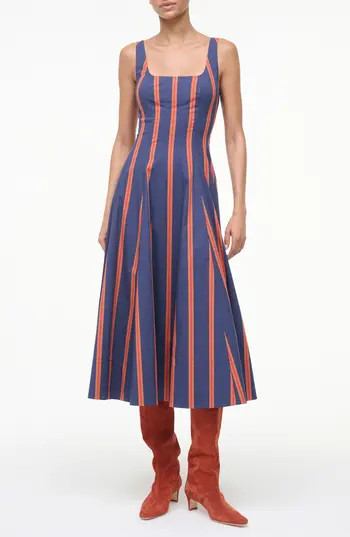 STAUD Wells Stripe Stretch Cotton Fit & Flare Midi Dress in Railroad Stripe at Nordstrom Rack, Size 0 | Nordstrom Rack