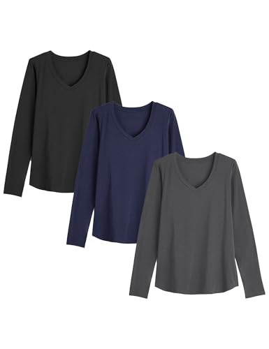 Showitty 3 Pack Long Sleeve T Shirts for Women V Neck Casual Cute Tops Loose Fit Fall Winter Basic Clothing | Amazon (US)