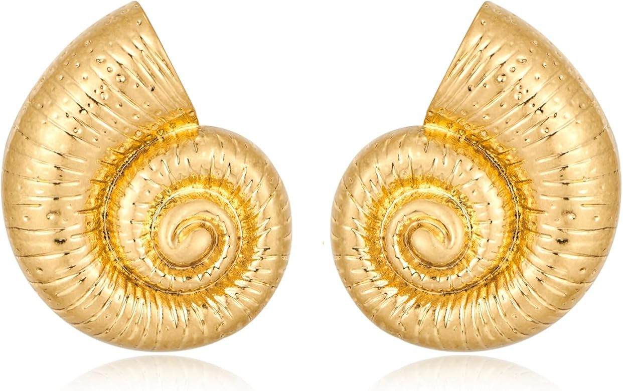 WOWORAMA Gold Statement Earrings for Women Gold Seashell Flower Earrings Boho Textured Ocean Wave... | Amazon (US)