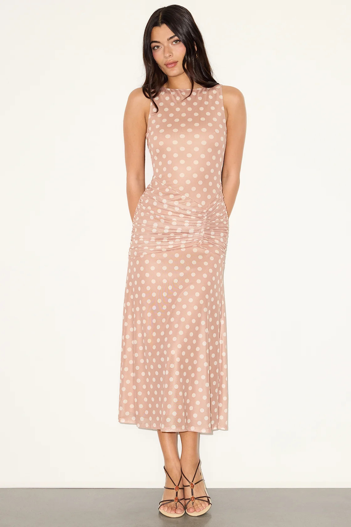 Loren Beige Polka Dot Mesh Ruched Midi Dress | Lulus
