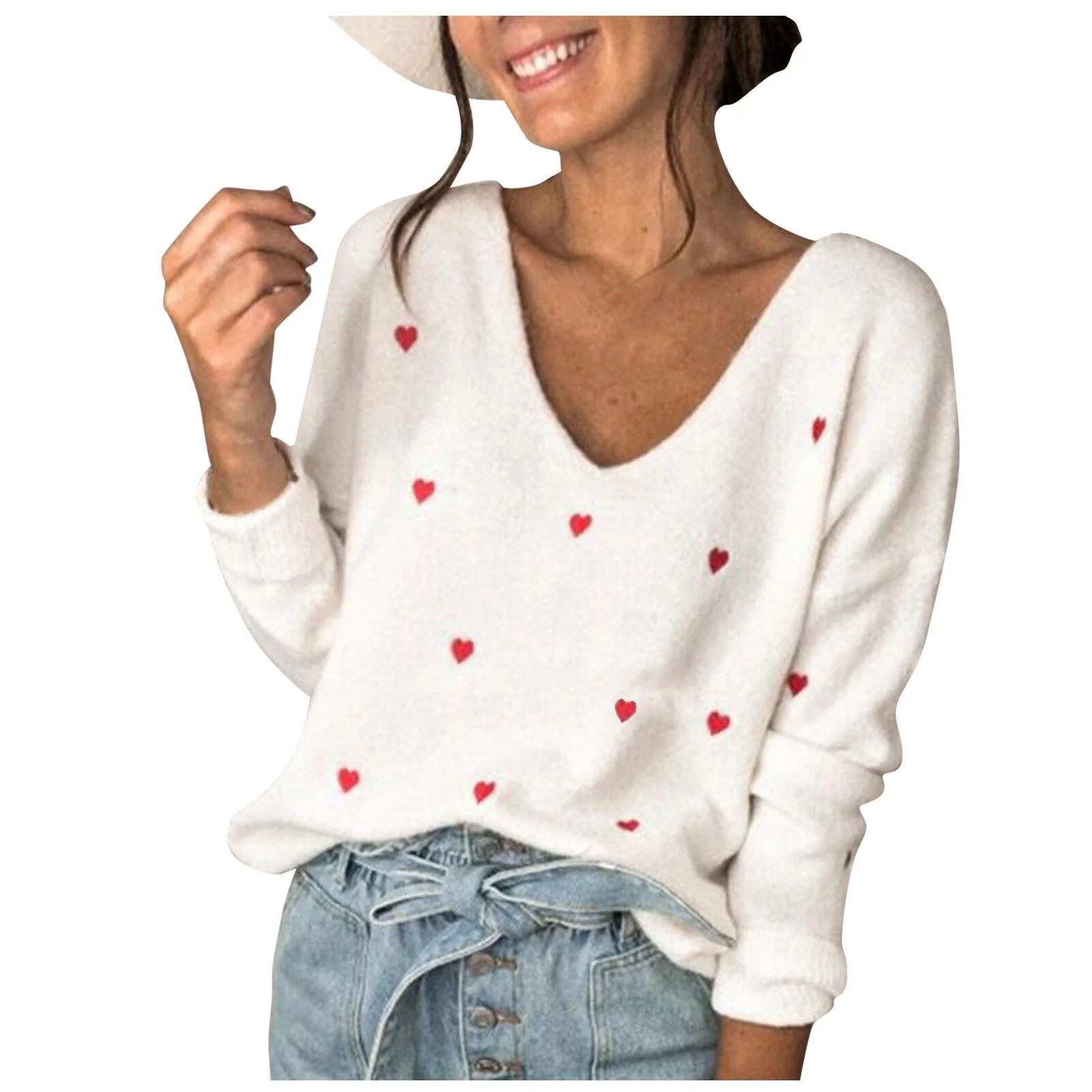 MERSARIPHY Women Fashion V-neck Heart Print Tops Stylish Long Sleeve Knitwear | Walmart (US)