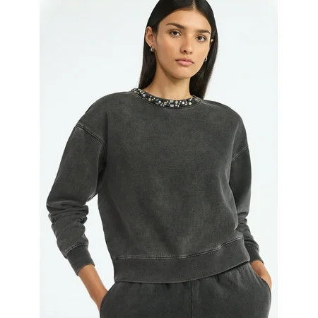 Scoop Women’s and Women's Plus Mineral Washed Rhinestone Crewneck Sweatshirt, Sizes XS-4X | Walmart (US)