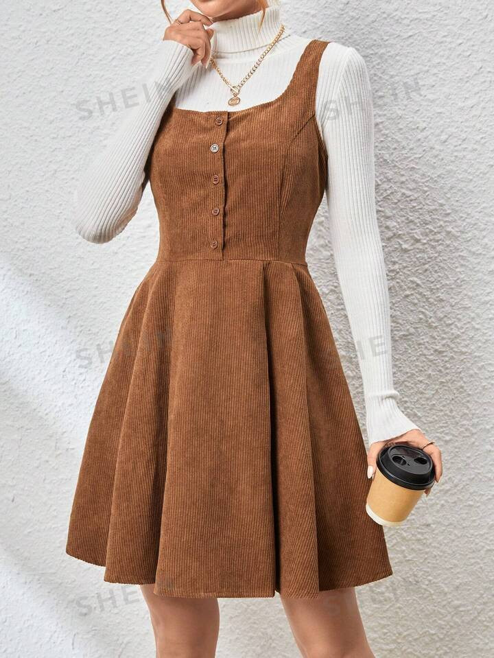SHEIN Essnce Corduroy Pinafore Dress With Pleated Design, No Sweater Included | SHEIN