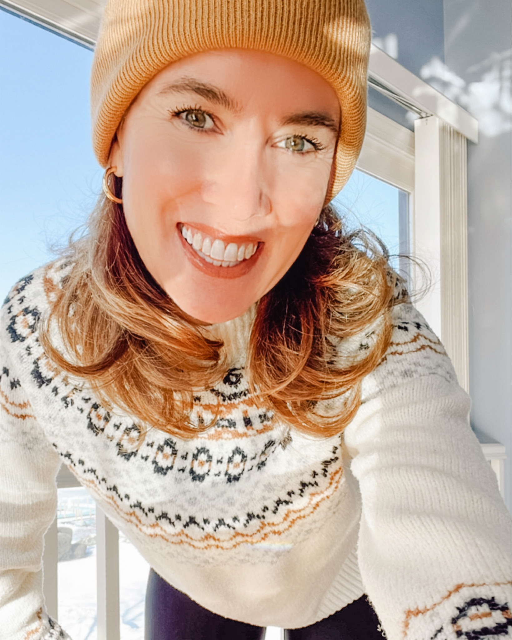 Women's Winter Outfit: Plush fleece leggings with Winter White Fair Isle Mock Neck Sweater, Gold Hoop Earrings, AE tan knit beanie, Brown Hiking Boots #AE #WinterOutfit #SkiOutfit #FairIsle #WinterSweater #WinterSales #over40Style #Over50Style #OOTD #WinterHats

#LTKStyleTip #LTKSaleAlert #LTKOver40