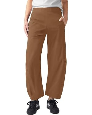 Womens Elastic Waist Ankle Pants Baggy Curved Tapered Leg Barrel Travel Pants with Pockets | Amazon (US)