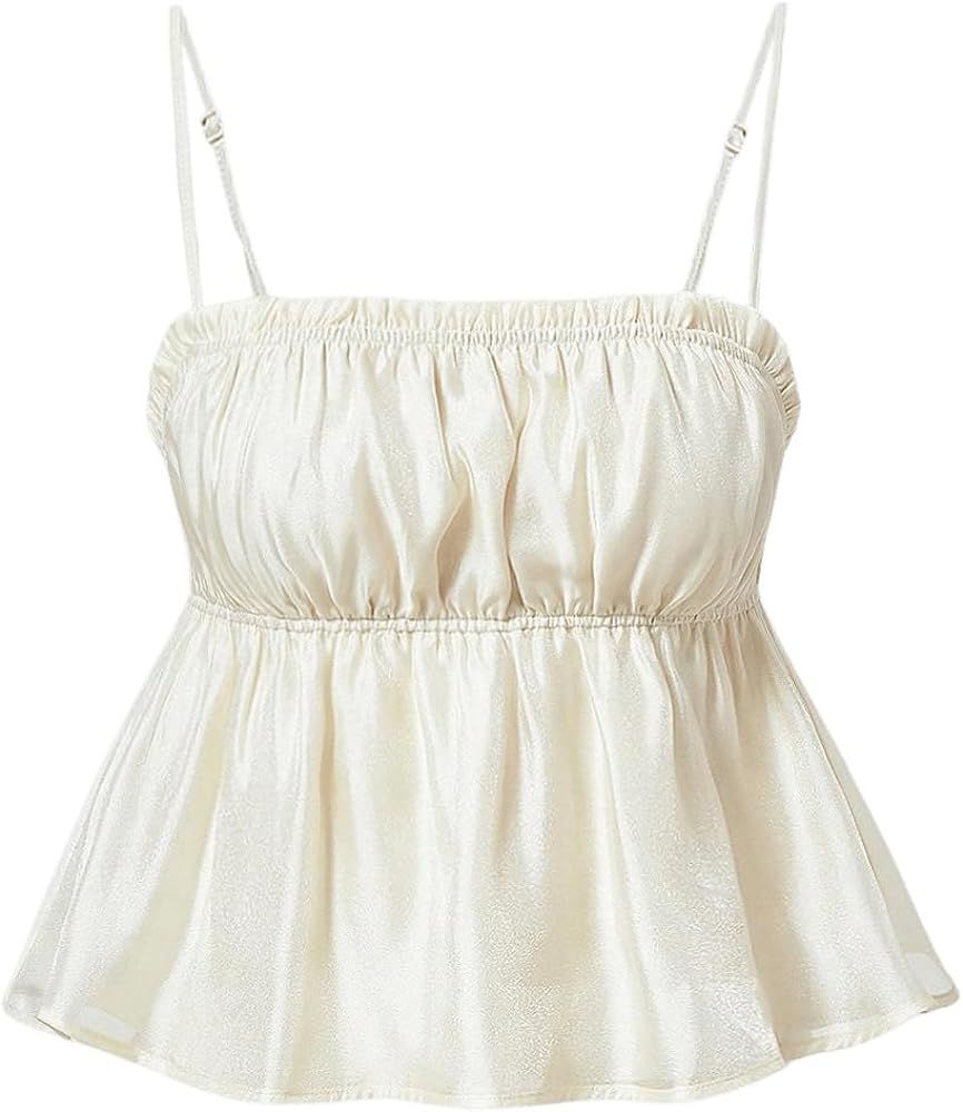 MakeMeChic Women's Frill Shirred Sleeveless Camisole Ruffle Hem Crop Cami Top Spaghetti Strap Pep... | Amazon (US)