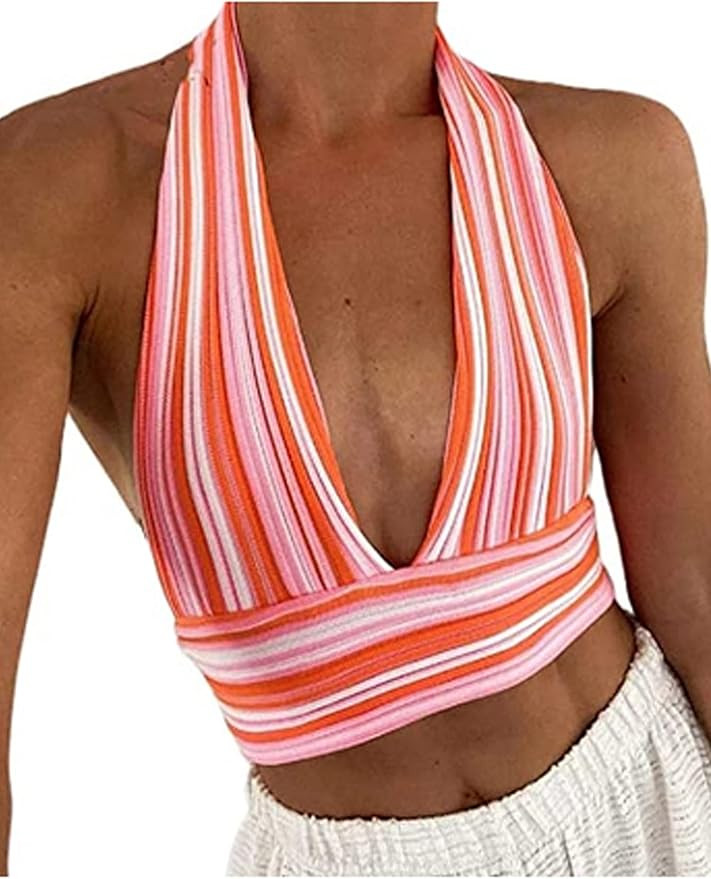 Women Backless Halter Tops Deep V Neck Tie Back Crop Cami Sexy Bandage Hollow Out Y2K Vest Shirt | Amazon (UK)