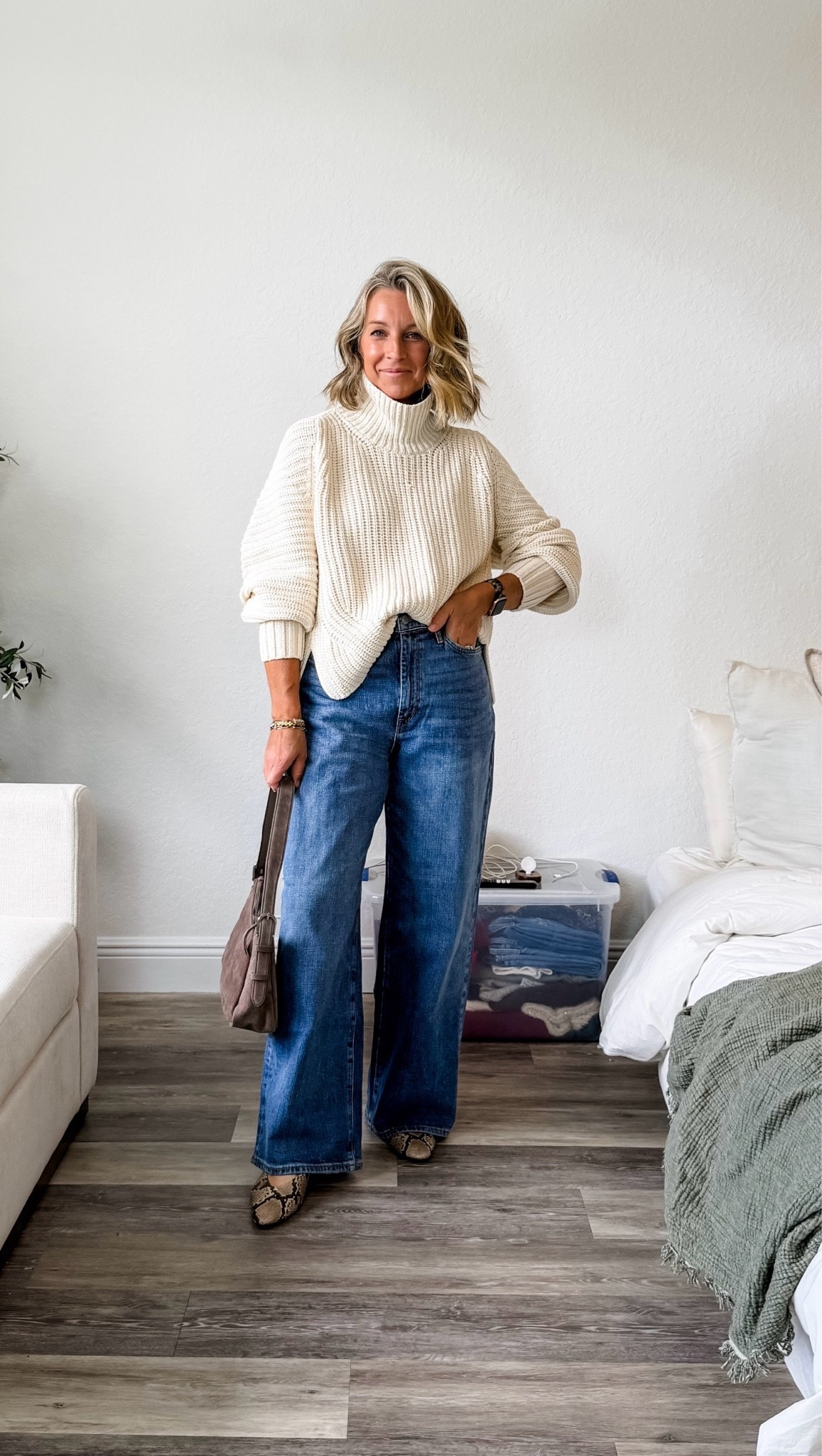Medium sweater and 8 petite jeans but I May have been able to size down to a 6 as they definitely relax throughout wear. Depends on how you like the fit. But the perfect fall outfit for all the things. Comfy and casual yet elevated and intentional.

#LTKootd #LTKPetite #LTKOver40