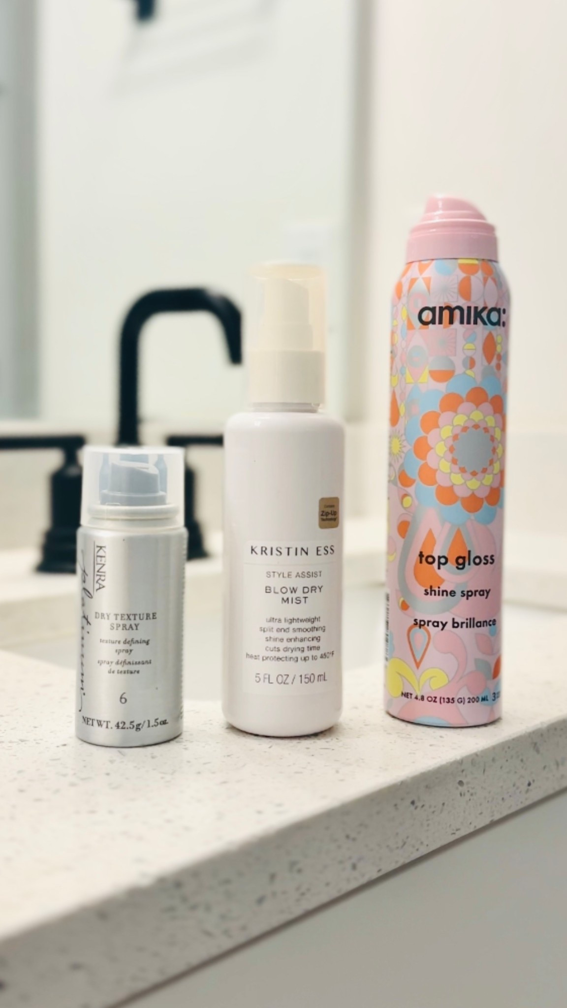 Favorite hair products! Blow dry mist is what I use to protect my hair and cut down blow drying time (I have a lot of hair!) Shine spray is what I use to give my dirty hair some shine again after the dry shampoo- brings it back to life, and the texture spray is magic in giving volume without making it look dirty! 👏🏻👏🏻👏🏻