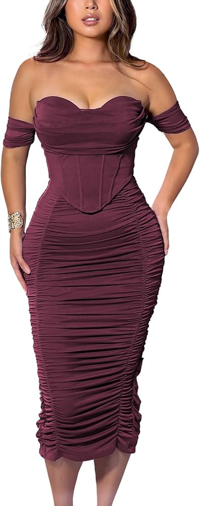 Women's Off The Shoulder Cocktail Midi Dress Built-in Bra Ruched Bodycon Corset Fall Homecoming W... | Amazon (US)