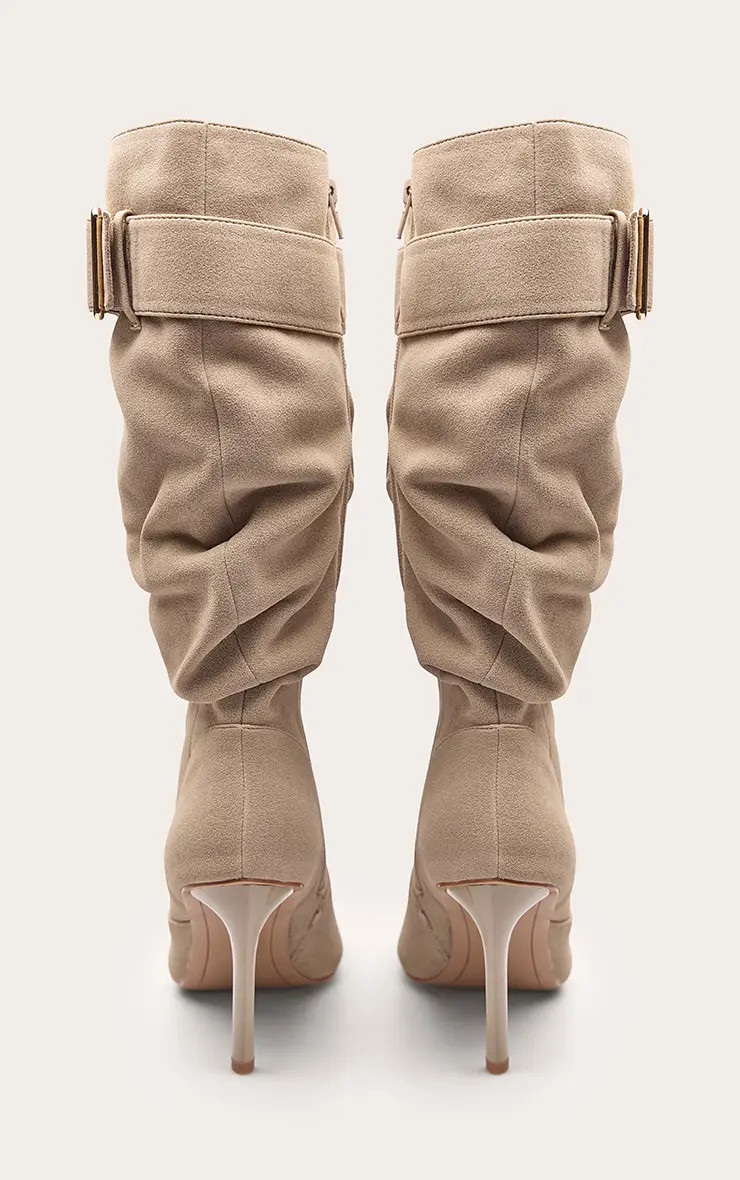 Stone Suede Ruched Stiletto Heeled Knee High Boot | PrettyLittleThing UK
