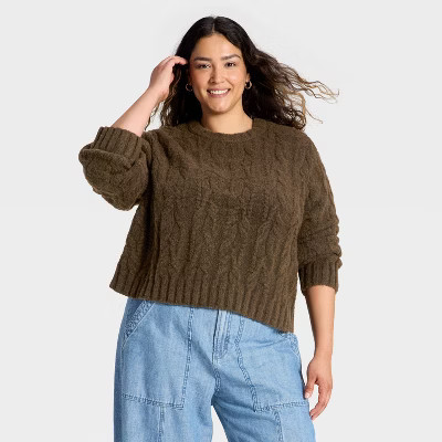 Women's Cozy Cable Crewneck Pullover Sweater - Universal Thread™ Brown XXL | Target