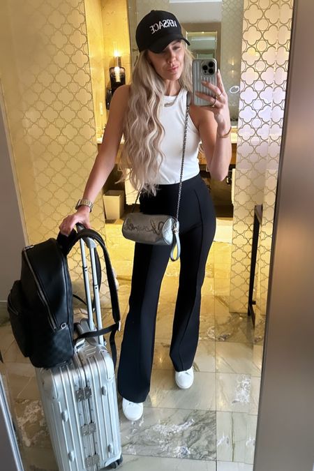 Easy breezy comfy travel look // these Spanx pants are chic and feel like leggings // wearing a small regular length and COURTXSPANX works for 10% off  // Also linked travel bags! 

#LTKstyletip #LTKitbag #LTKtravel