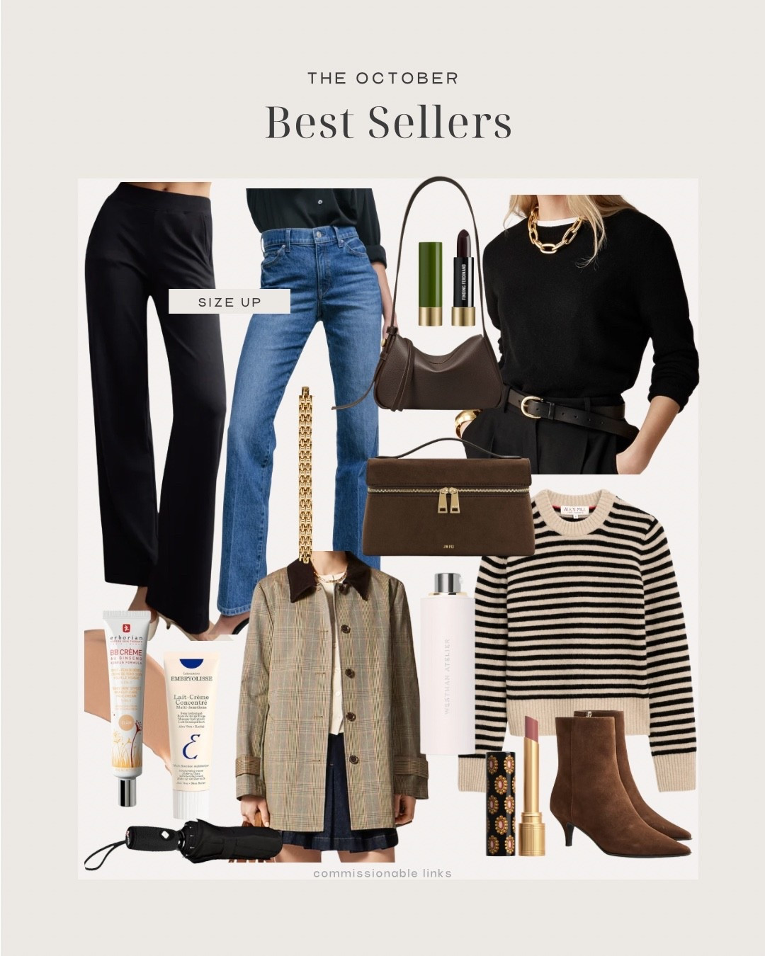 The October bestsellers! Cashmere crewneck sweaters, chocolate brown bags, suede booties, barn jacket, skincare, lip balm, knit pants for travel, travel umbrella 

#LTKSeasonal