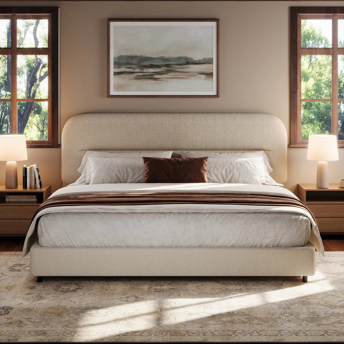 Bensu Platform Bed Frame, Cloud Collection with Boucle Upholstery & Rounded Headboard, Thickened ... | Wayfair North America