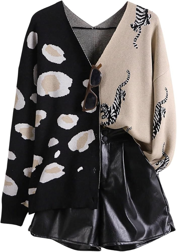 SHENHE Women's Color Block Button Down Animal Print Cardigan V Neck Leopard Sweater Coat | Amazon (US)
