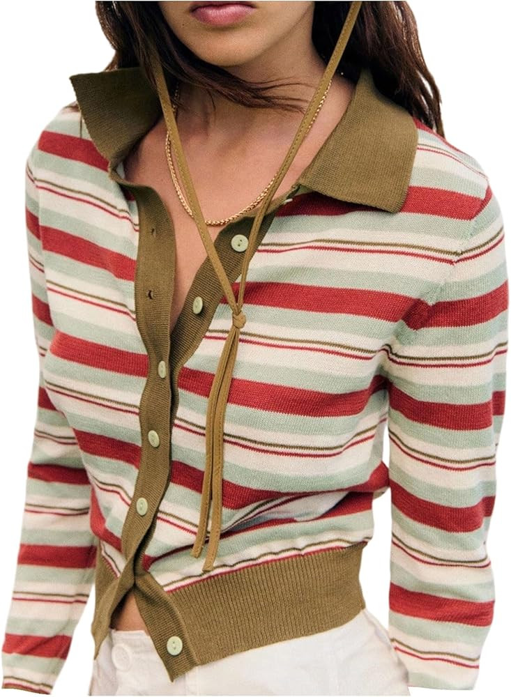 MakeMeChic Women's Striped Button Down Cardigan Sweater Long Sleeve Collared Fall Knit Crop Tops | Amazon (US)