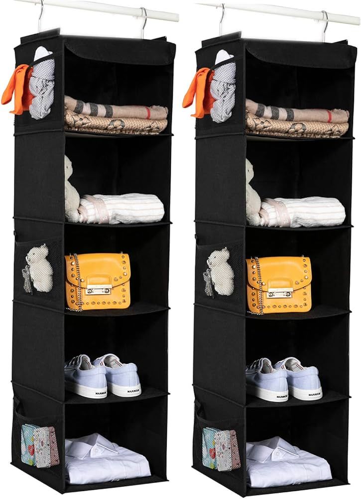 BrilliantJo 2 Pack Hanging Closet Organizer, 5 Shelves Hanging Storage with 6 Side Pockets for Cl... | Amazon (US)