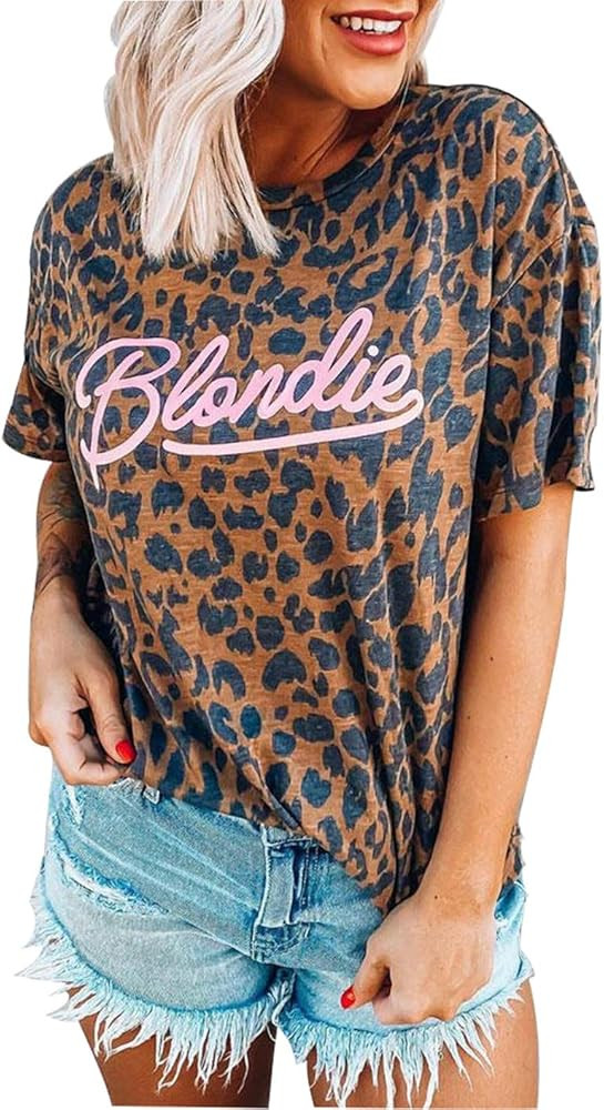 Women Cool Mom Shirt Funny Leopard Print Shirt Cute Round Neck Short Sleeve Animal Pattern Mama T... | Amazon (US)