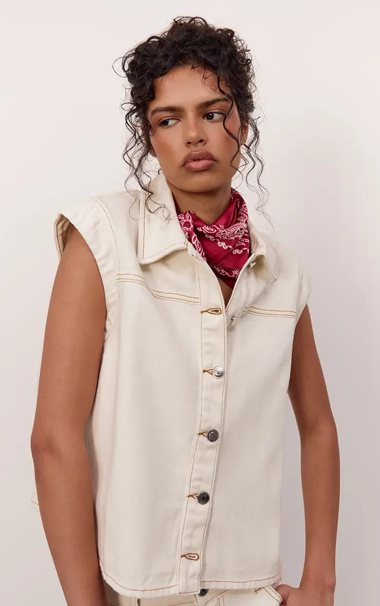 Ecru Indigo Extended Shoulder Button Down Denim Top | PrettyLittleThing US