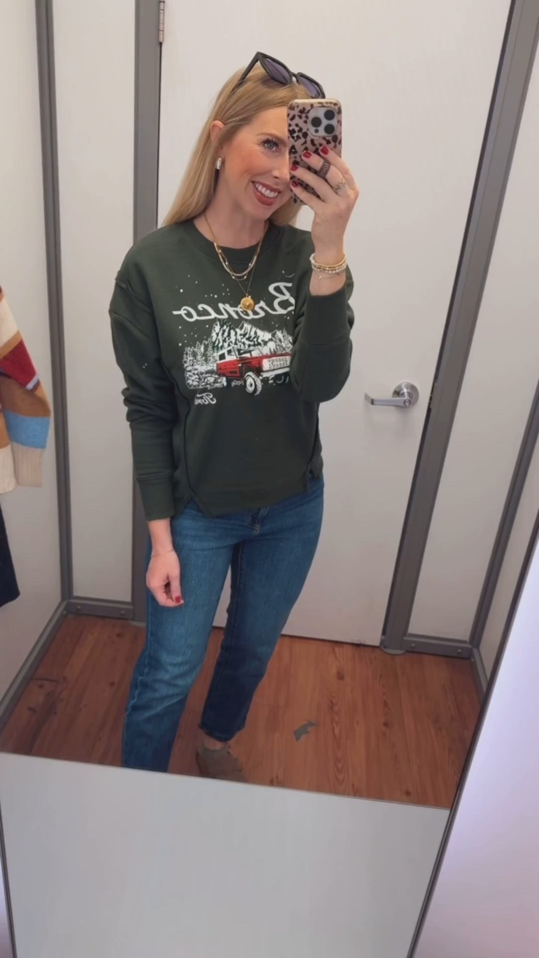 Walmart outfit, time and tru graphic sweater, red bronco with snow tree Christmas sweatshirt 

Small 

#LTKHoliday #LTKFindsUnder50