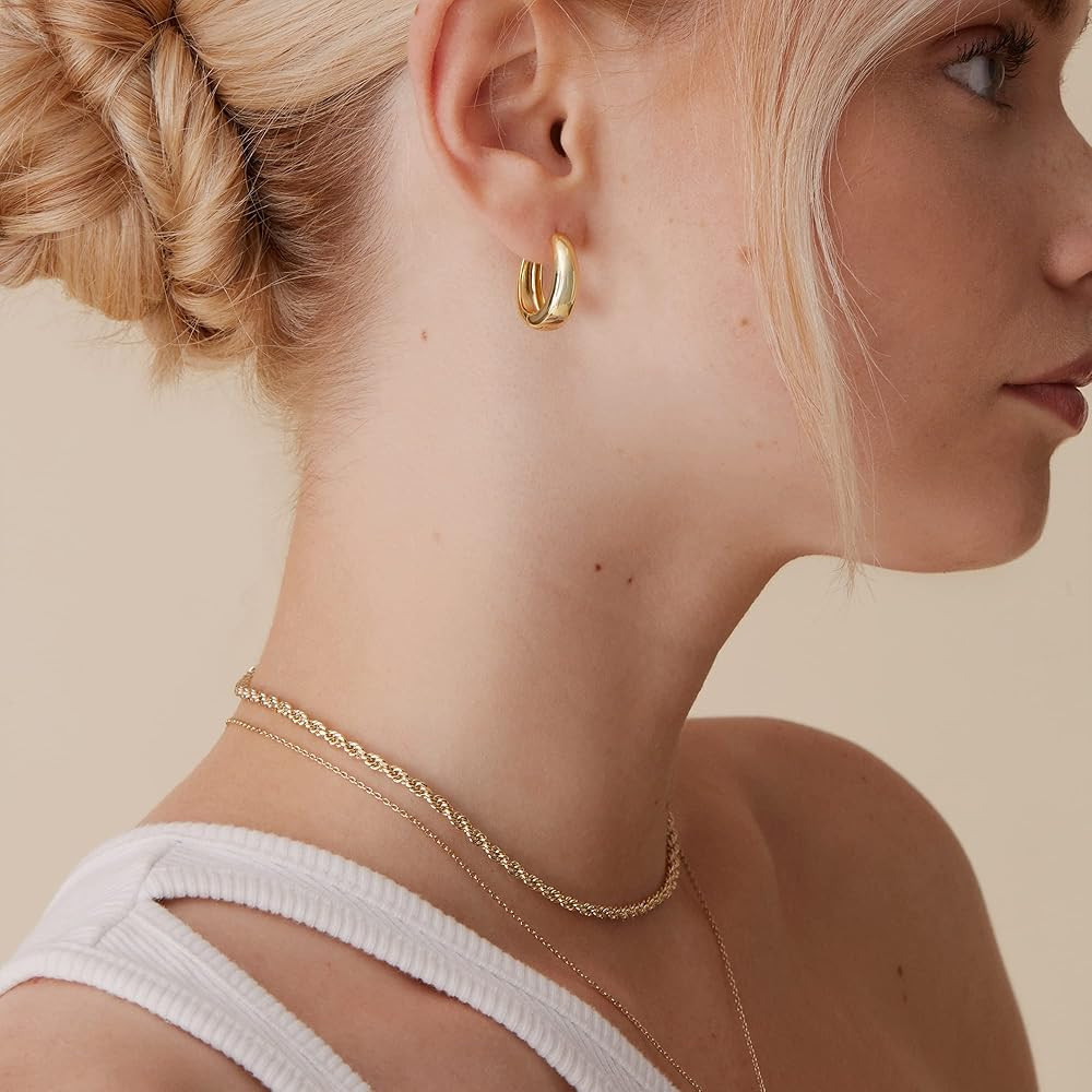 PAVOI 14K Gold Plated Sterling Silver Post Small Chunky Hoops Earrings | Thick Lightweight Gold H... | Amazon (US)
