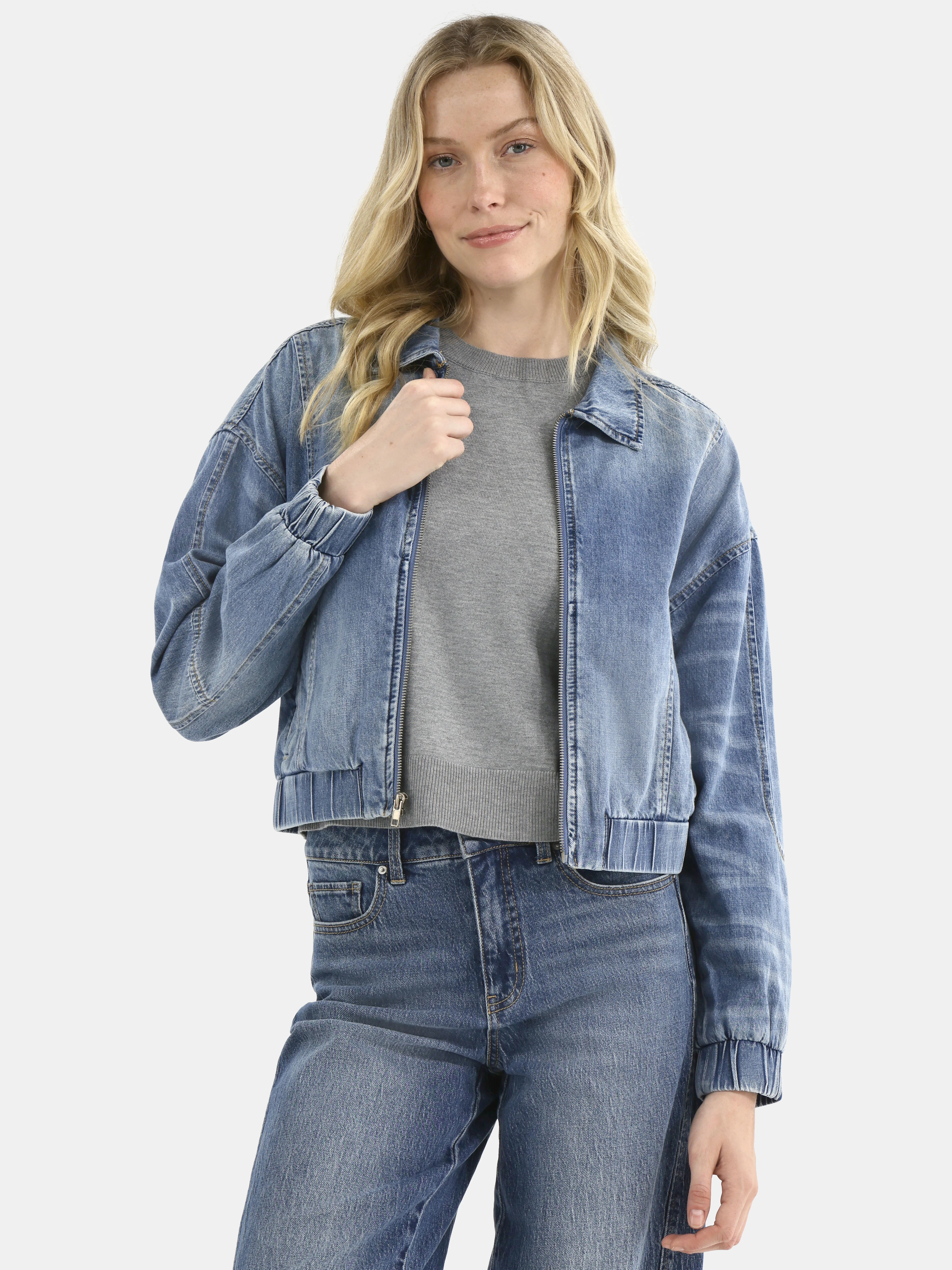 Time and Tru Women's Cotton Denim Bomber Jacket, Sizes XS-XXXL | Walmart (US)