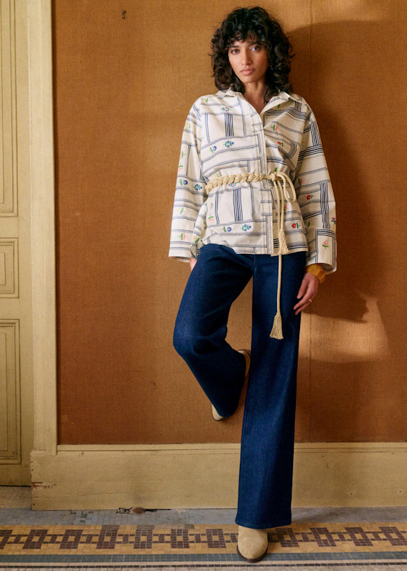 Bilma Shirt - Sézane x Lucia Vergara - Ecru with Geranio Embroidery - Organic cotton - organic t... | Sezane Paris - US