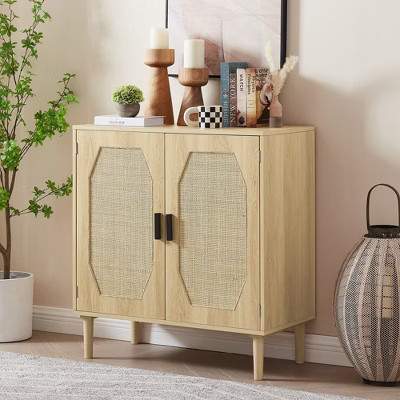 Rattan Buffet Cabinet with Decorative Doors and Shelves - Natural Wood Finish | Target