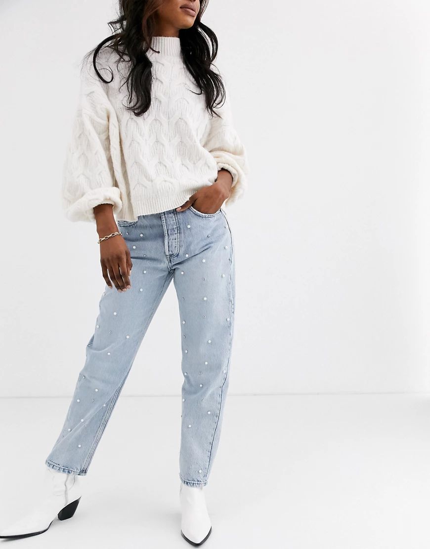 Stradivarius mom jeans with pearls-Blue | ASOS (Global)