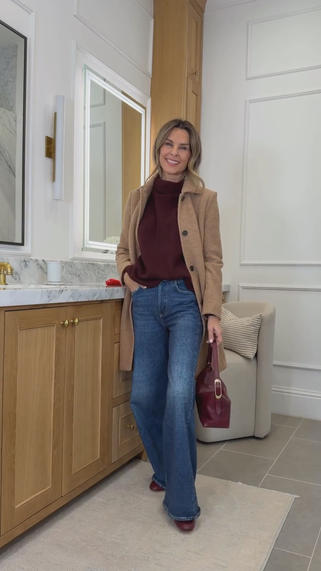 Winter Outfit Day 1 
I’m 5’6’’.
-Mongolian cashmere fisherman burgundy sweater size S
-Sweatpant jeans  TTS use code SHOPMY15 
-Shoes TTS
-J.Crew wool coat size 2
-Quince grey Cashmere loungewear TTS

#LTKOver40 #LTKootd