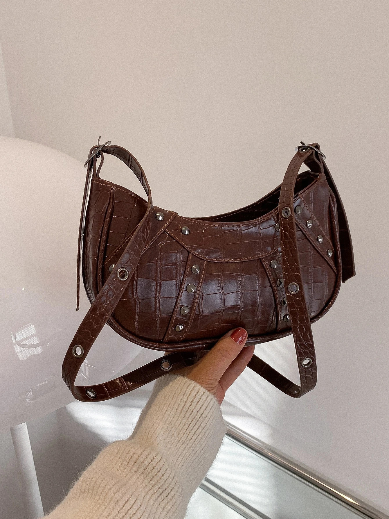 Crocodile Embossed Studded Decor Hobo Bag | SHEIN