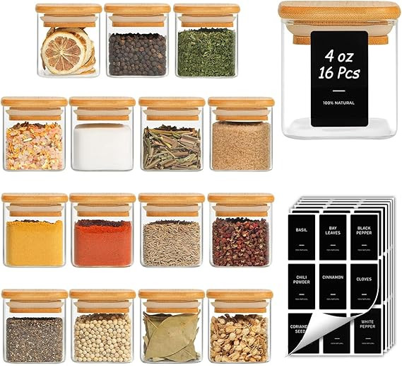 ComSaf 16Pcs Spice Jars with Labes, Glass Jar with Bamboo Lid, 4oz Airtight Square Spice Containe... | Amazon (US)
