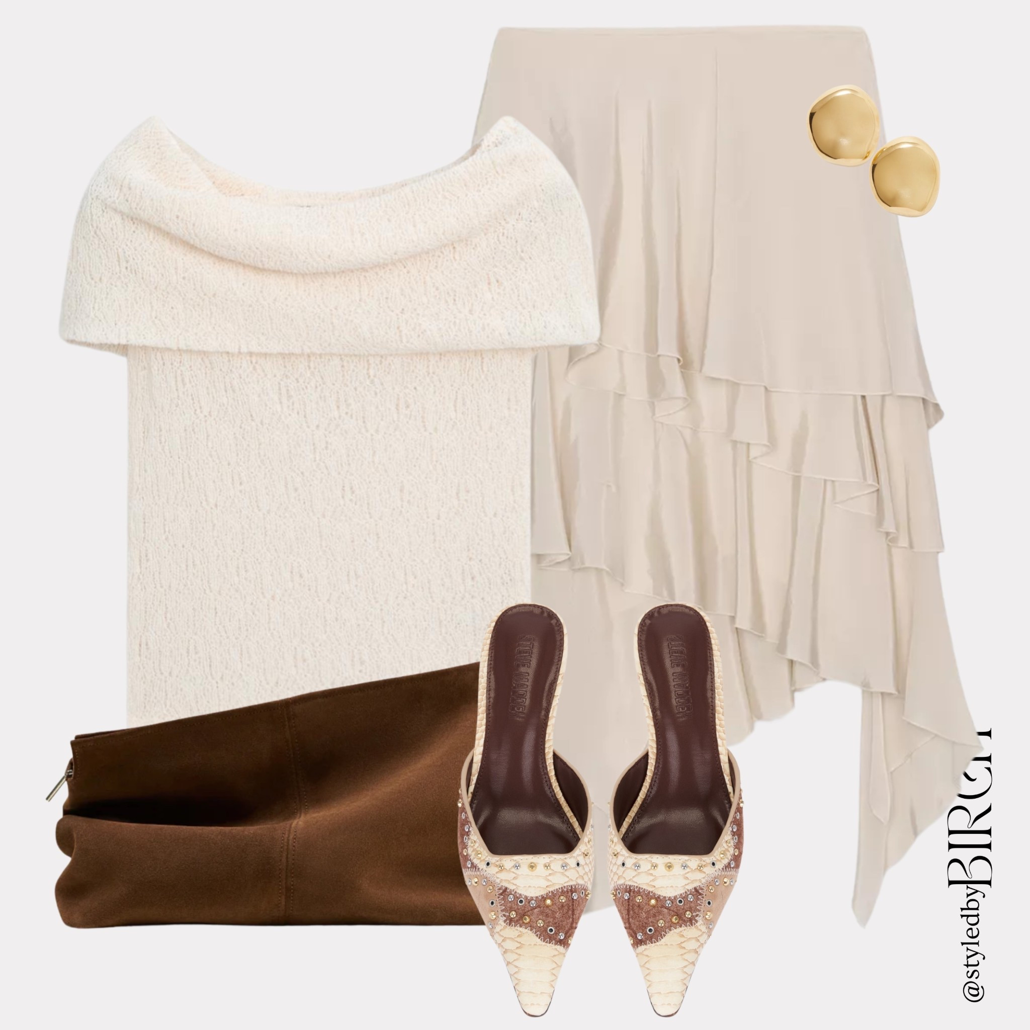 This outfit has been sitting in my drafts for longer than I would like to admit!

It is not something I would usually put together but I kept coming back to it and I finally figured out why… it is the heels and the skirt. Something about the combination feels so nostalgic and beautiful and I just could not keep it to myself any longer.

#ootd #outfitinspo #neutralstyle #ruffleskirt #chicstyle

Tags 🏷️
Cream off shoulder bouclé top, cream asymmetric ruffle mini skirt, dark brown suede clutch bag, embellished pointed mules, gold dome earrings

#LTKdatenight #LTKsummer #LTKpartywear