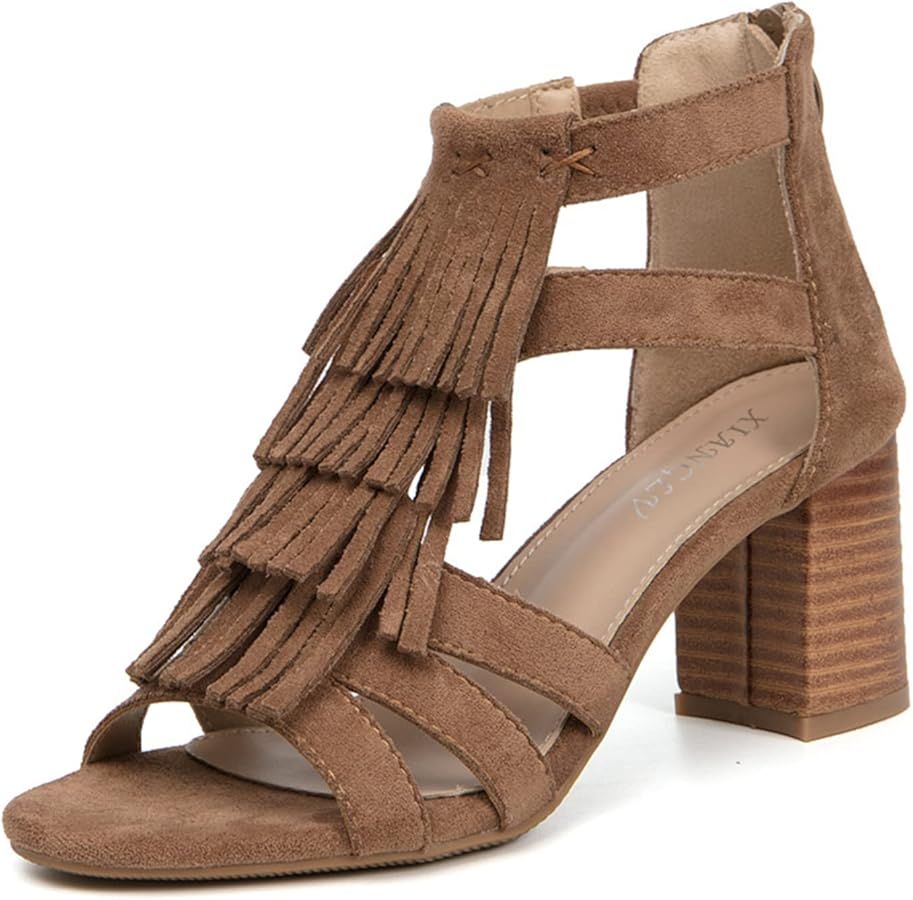 ZKXYFFS Womens Chunky Heeled Sandals Back Zip Peep Toe Fringe Sandals Summer Block Tassel Heels W... | Amazon (US)