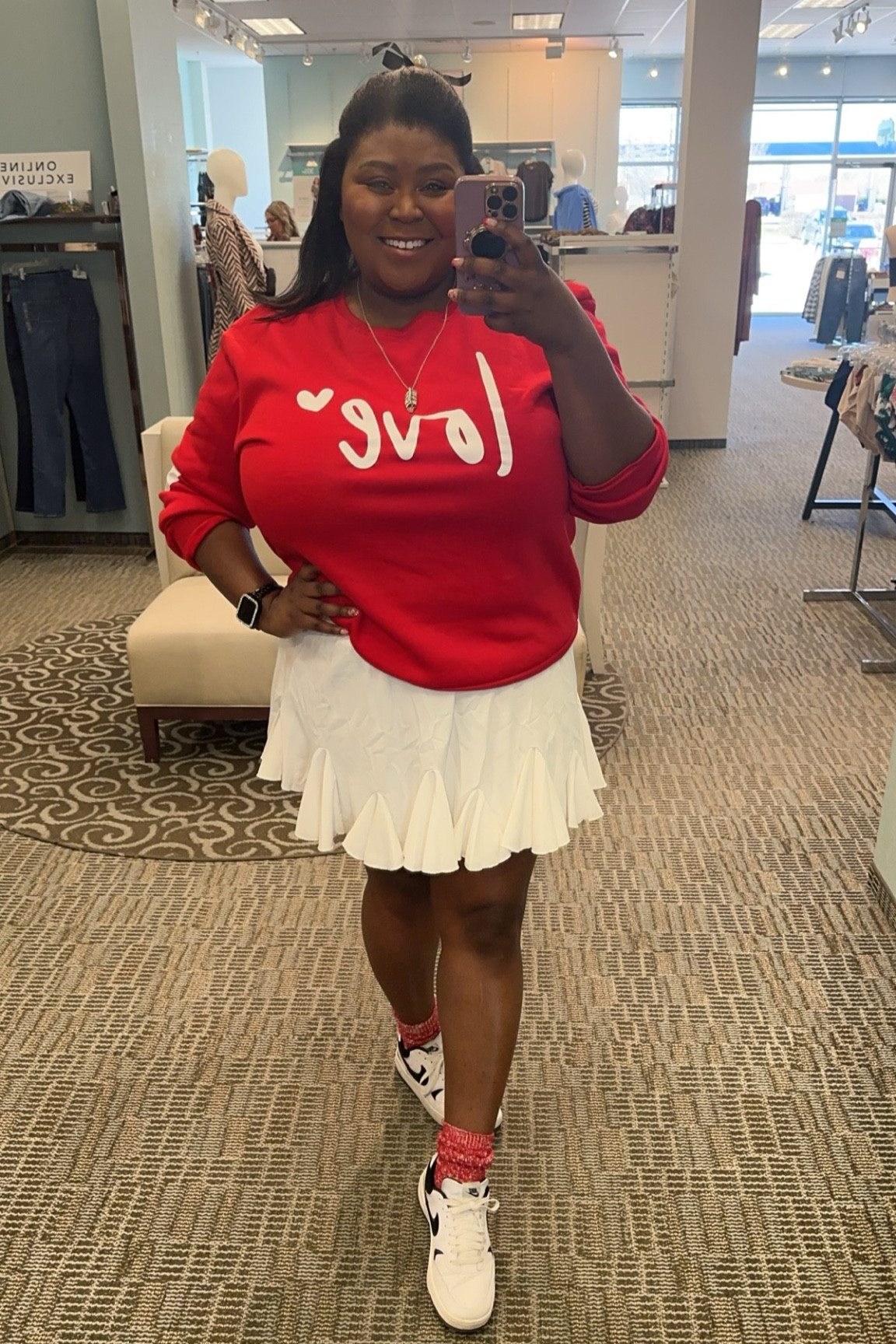 Galentines vibes | heart sweatshirt | white skirt | gamma forces 

#LTKstyletip #LTKplussize #LTKSeasonal