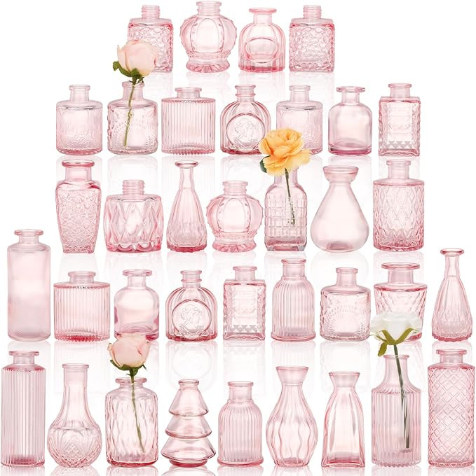 36pcs Pink Glass Bud Vase Set, Small Flower Vases for Centerpieces in Bulk, Mini Vintage Vase for... | Amazon (US)