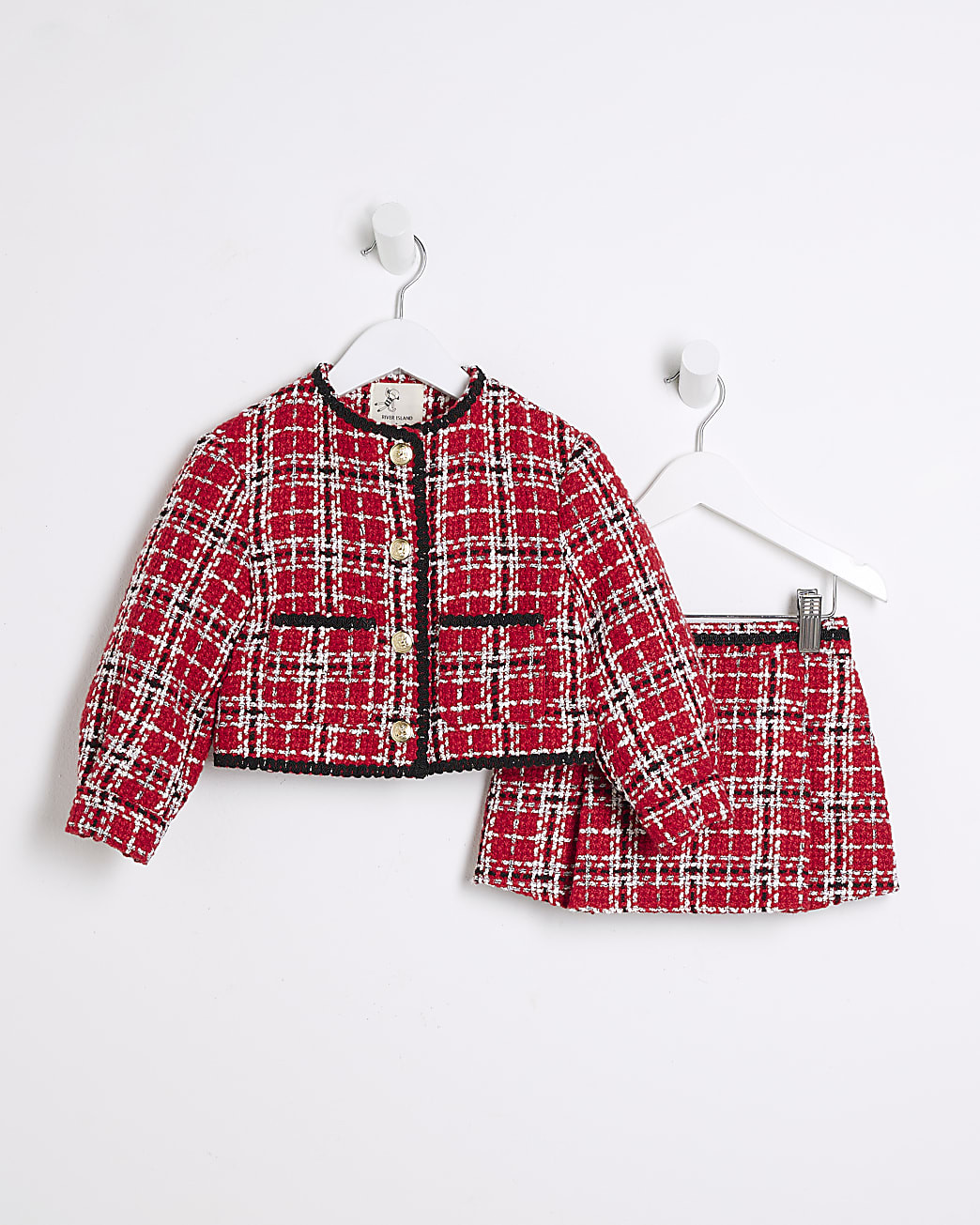 Mini Girls Red Check Boucle Jacket Set | River Island UK & IE