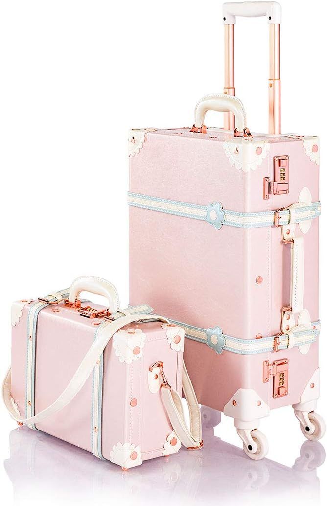 COTRUNKAGE Women Small 20" Vintage Carry On Luggage Set 2 Pieces Cute Pink Suitcase for Girls, Ch... | Amazon (US)