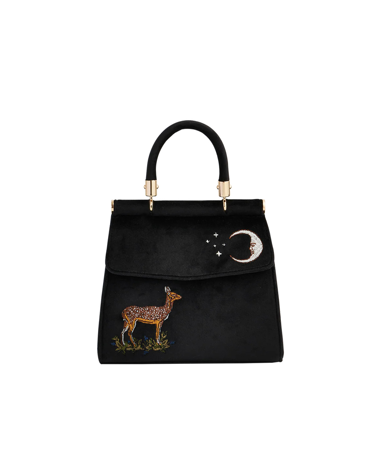 Deer & Moon Embroidered Black Velvet Tote | Fable England