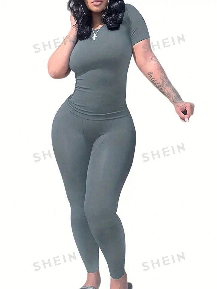 SHEIN EZwear Solid Tee & Leggings | SHEIN