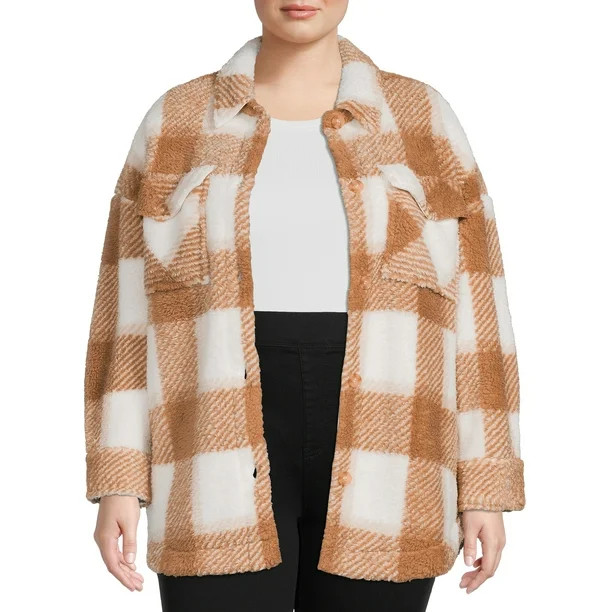 Terra & Sky's Women's Plus Size Long Sleeve Oversized Faux Sherpa Fleece Shacket - Walmart.com | Walmart (US)