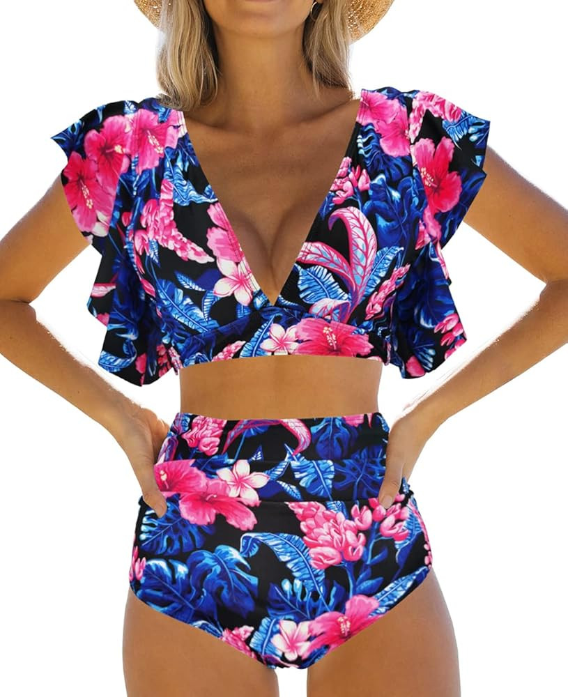 Binlowis High Waist Flounce Bikini Set Women Front Knot Side Bandage Two Piece Swimsuit Beachwear | Amazon (US)