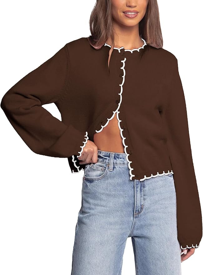 Women's Cropped Cardigan Sweater - Y2K Lightweight Knit Button Down Open Front Long Sleeve for Fa... | Amazon (US)