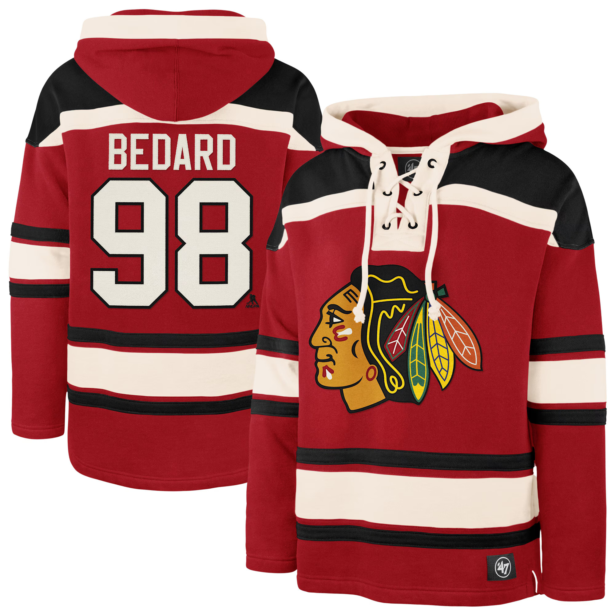 Men's Chicago Blackhawks Connor Bedard '47 Red Player Name & Number Lacer Pullover Hoodie | NHL Shop