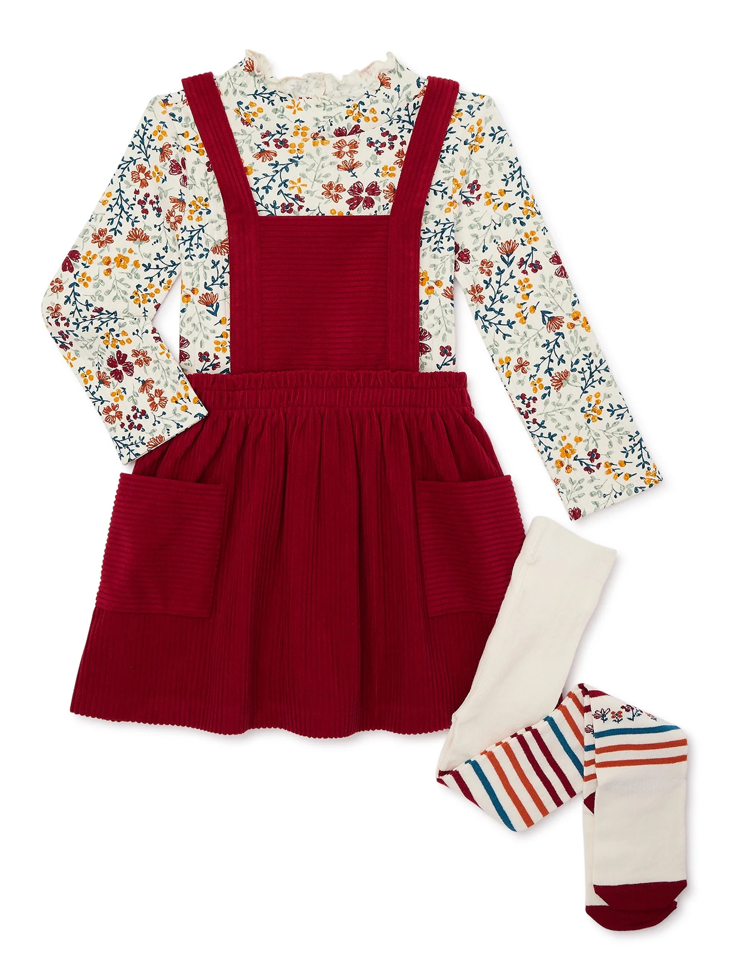 Wonder Nation Toddler Girl Velvet Pinafore, Top and Tights Outfit Set, 3-Piece, Sizes 12M-5T | Walmart (US)