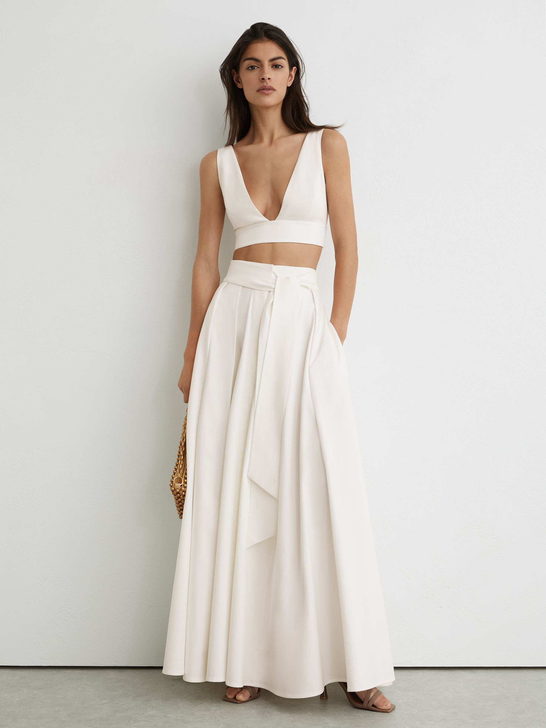 Reiss Cotton Tie-Back Plunge Cropped Top in Ivory | REISS | Reiss DE