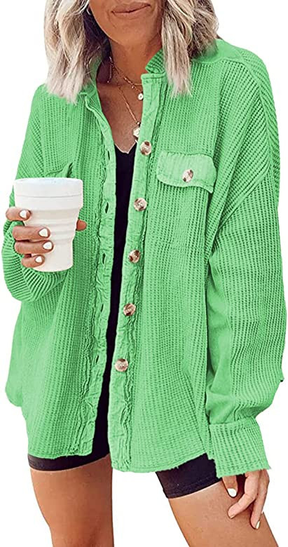 Nirovien Womens Waffle Knit Shirt Jacket Oversized Button Down Shacket Batwing Sleeve Tops with P... | Amazon (US)