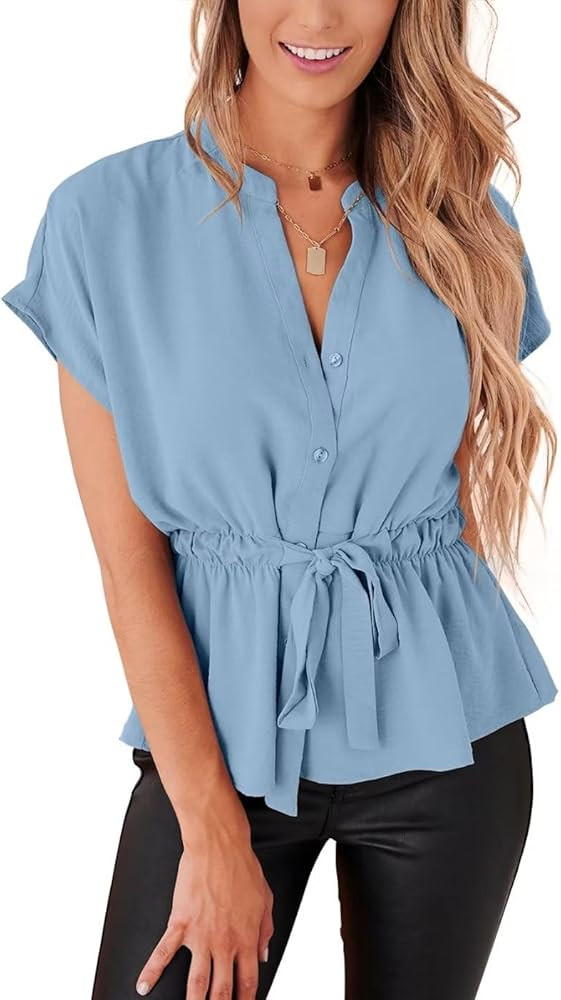 CiCiBird Womens Button Down Blouses Casual Peplum Summer Tops Dressy Chiffon Work Blouse Black L ... | Amazon (US)